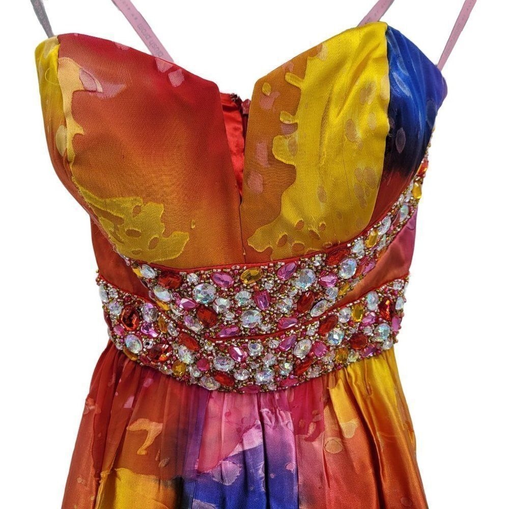 Fairy Grunge Whimsigoth Silk Stapless Jeweled Gown Maxi Dress Acid Pixie Rainbow
